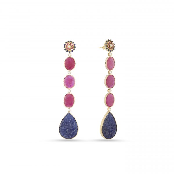 Diamonds, Ruby and Carved Sapphire earring Kaina Jewels