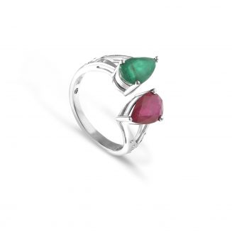 Diamonds, Emerald and Ruby Pear shaped engagement ring Kaina Jewels Dubai